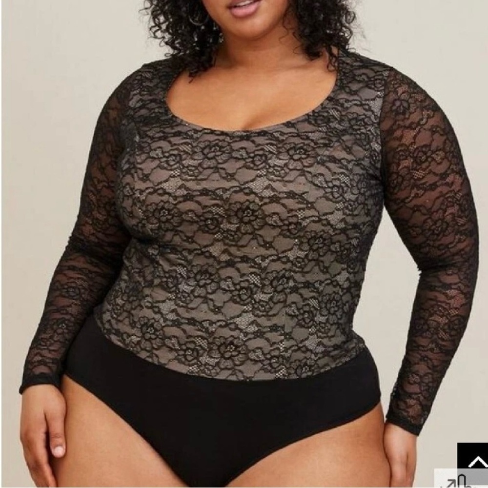 Torrid Black Lace Bodysuit Women’s Plus Size 3 Sheer Long Sleeves